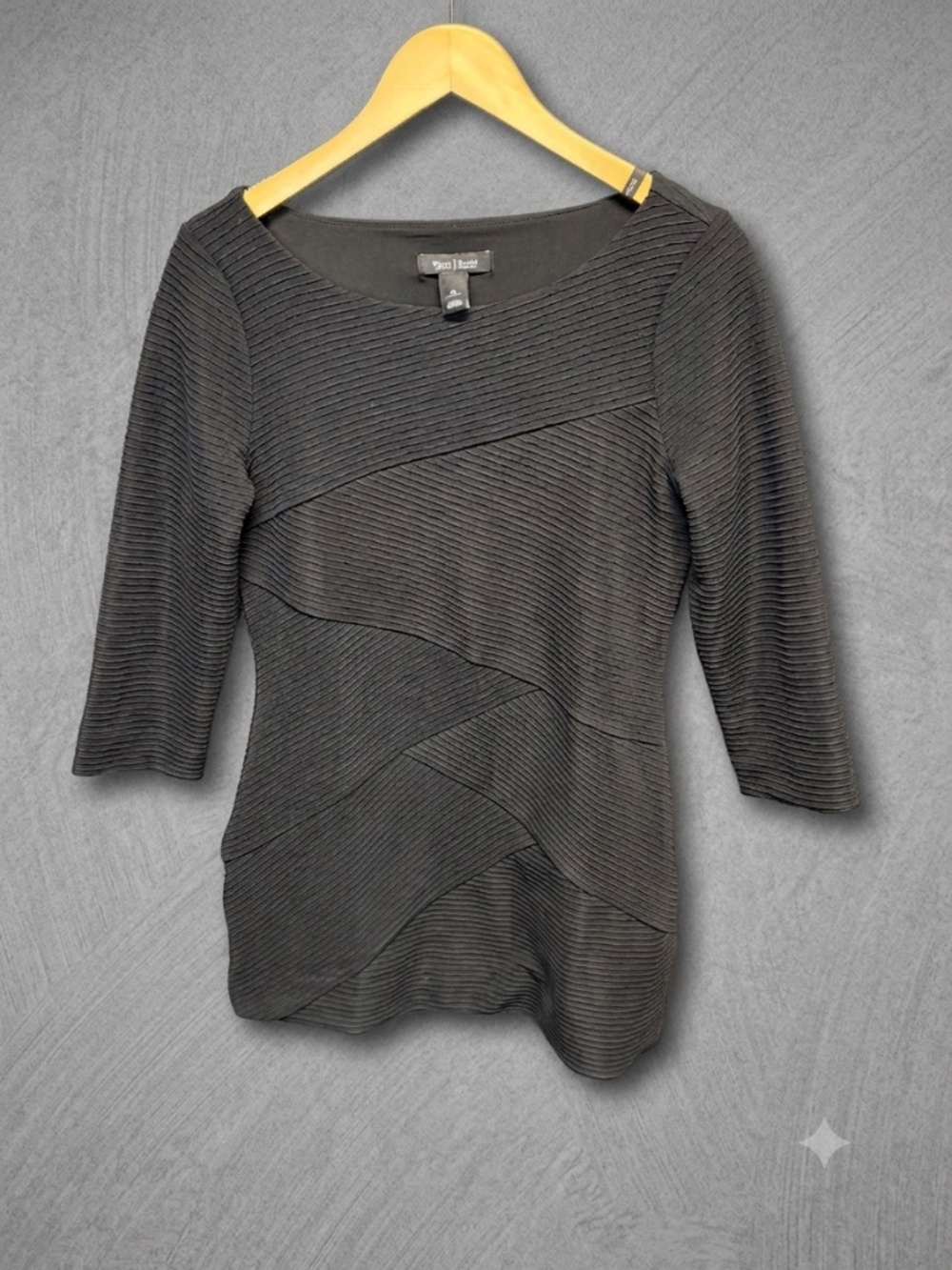 White House Black Market Ribbed Asymmetric Tiered Top Black M 3/4 Sleeve Blouse